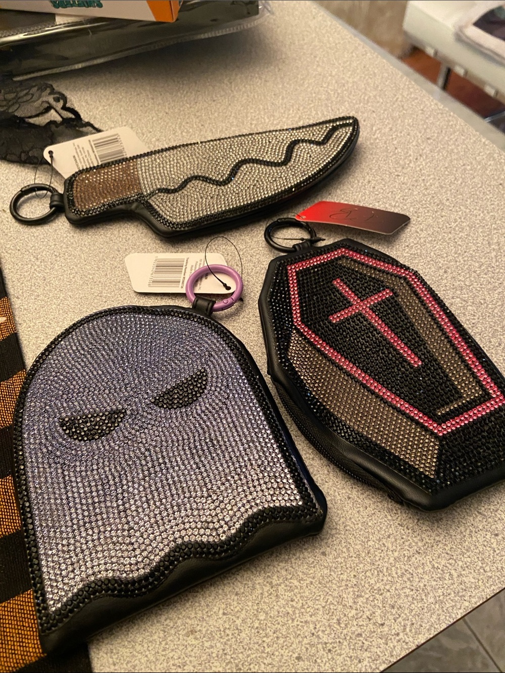 Men's Beaded Ghost Keychain Wallet - Black & Lavender